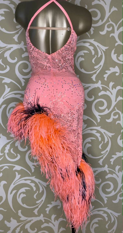 Peach Latin Dress with Feathers (latin dresses for sale, ballroom, dancesport, rhythm)