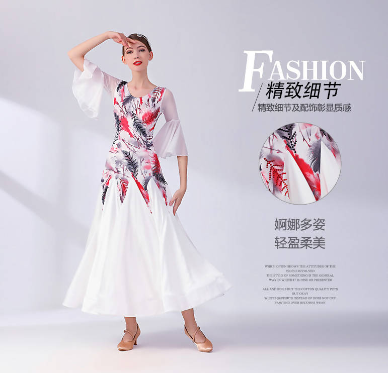 New White Flower Print Standard Ballroom Dancewear Dress (dancewear, standard dress) 2112