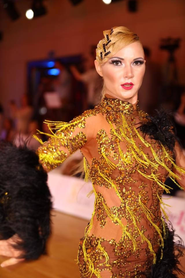 Gold & Black Latin Dress with Feathers (ballroom dress for sale, latin, dancesport, rhythm)