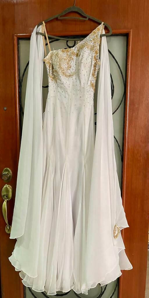 White & Gold Competition Dress with Swarovski Stones for Standard, Ballroom, Smooth