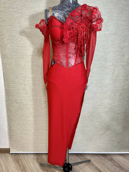 Red Latin Dress with Lace (latin dress for sale, latin, dancesport, rhythm)