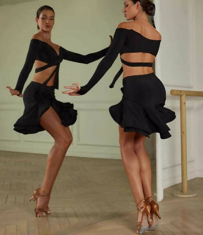 Black practice dance skirt and top, dancewear for Latin practice