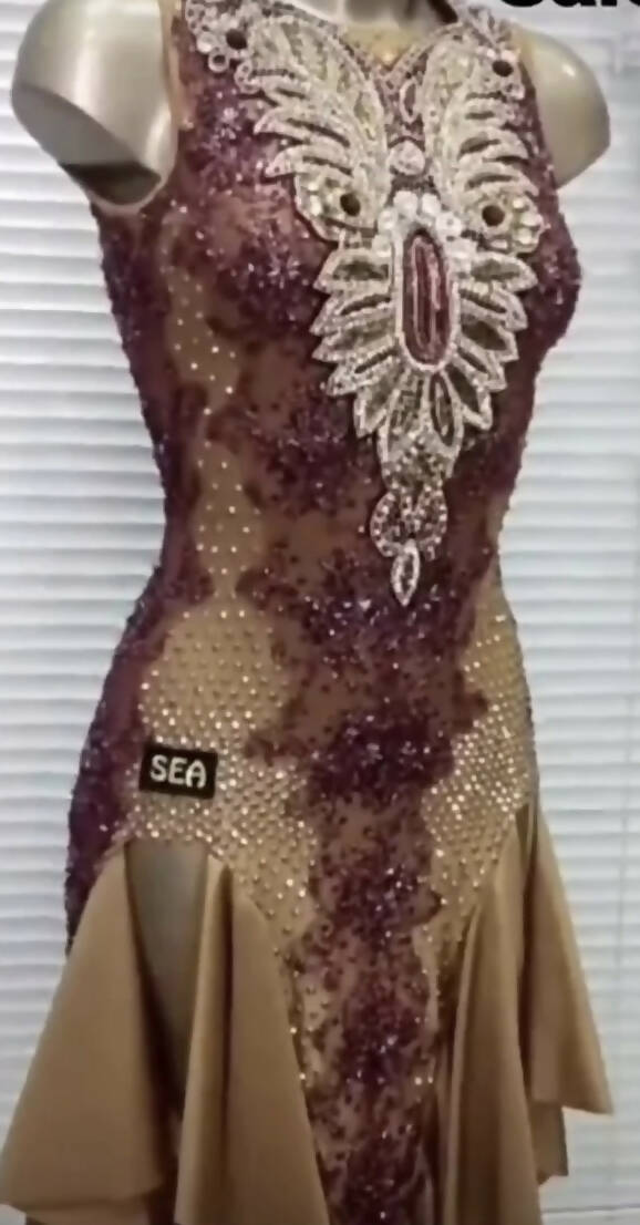Amazing New Beige-Vinous Latin Dress (rhythm dress, latin dress for sale)