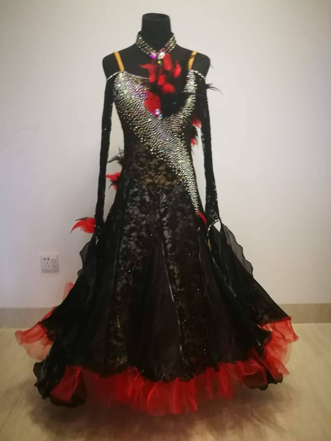 Black Ballroom Competition Dress with Feather Flower Decoration - DDressing