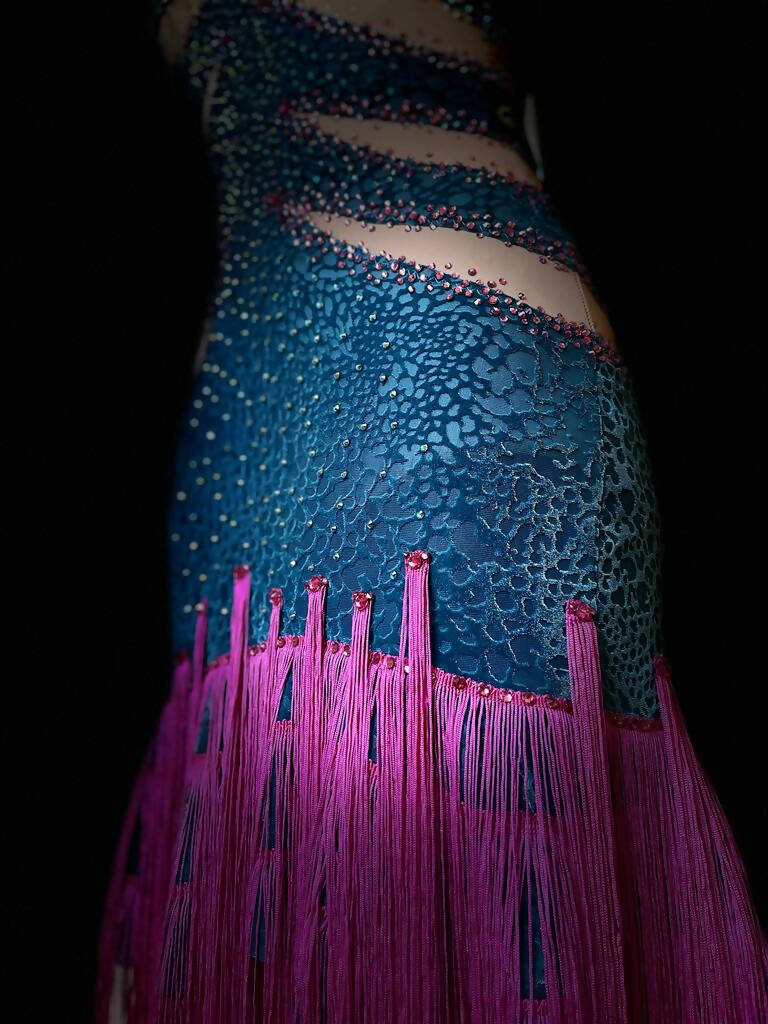 Dazzling Pink & Blue Fringed Latin Dress, latin dress for sale, rhythm dress, latin dresses for sale, dance dress, competition dress, dress by Neda Design