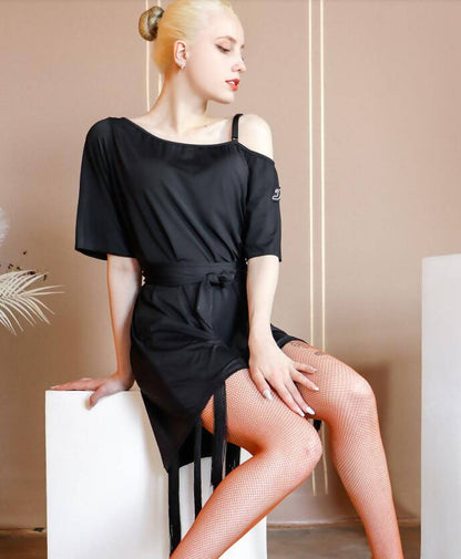 Short Sleeve Black Dress with Fringe | 499