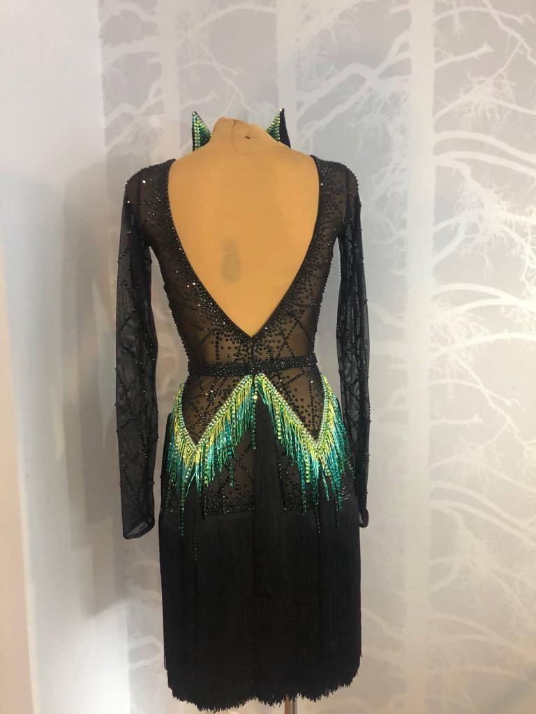 Black & Green Latin Dress with Fringe (ballroom dress for sale, latin, dancesport, rhythm) - DDressing