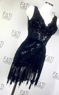 FATI Couture Black Latin Dress with Lace and Jet Black Crystals