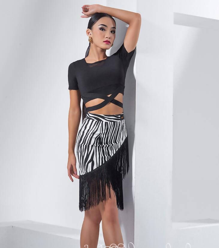 New Practice Latin Dancewear Set-Black Top & Leopard Skirt (dancewear, practice)W21D119