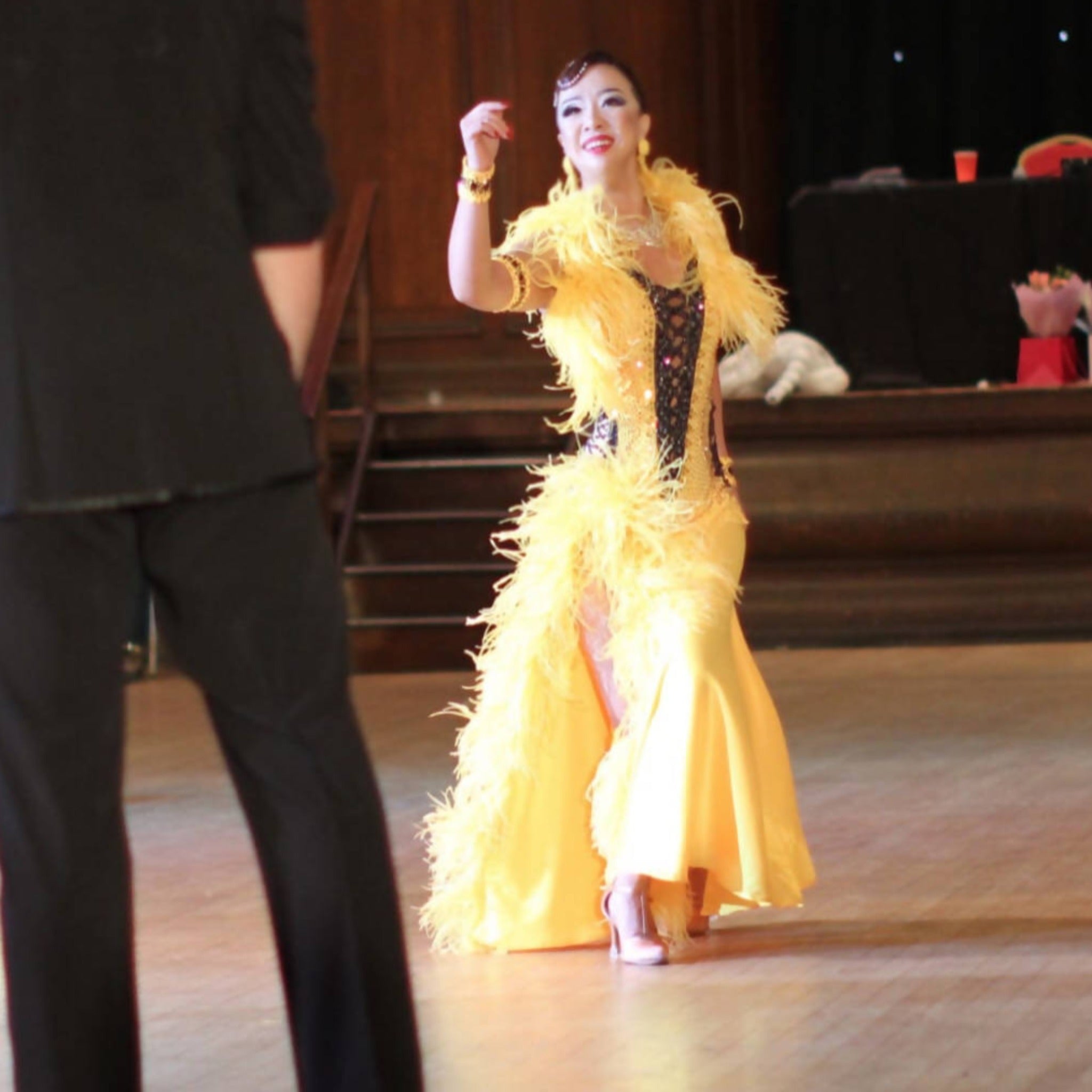 Yellow Standard Ballroom Dress with Feathers (ballroom dress for sale, standard, modern, smooth) - DDressing