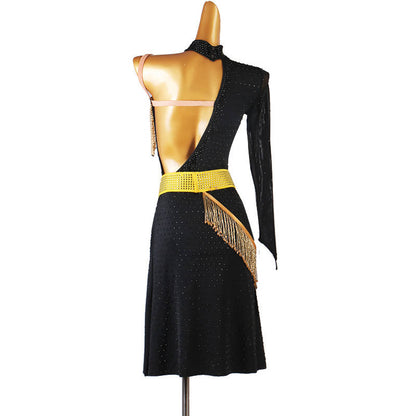 New One Sleeve Black Latin Dancewear Dress with Gold Fringe (dancewear, practice wear, latin)228