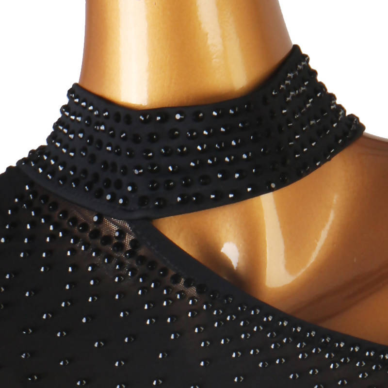 New One Sleeve Black Latin Dancewear Dress with Gold Fringe (dancewear, practice wear, latin)228
