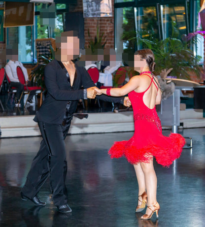 Red Latin Dress with Feathers (dancesport dress for sale, rhythm)