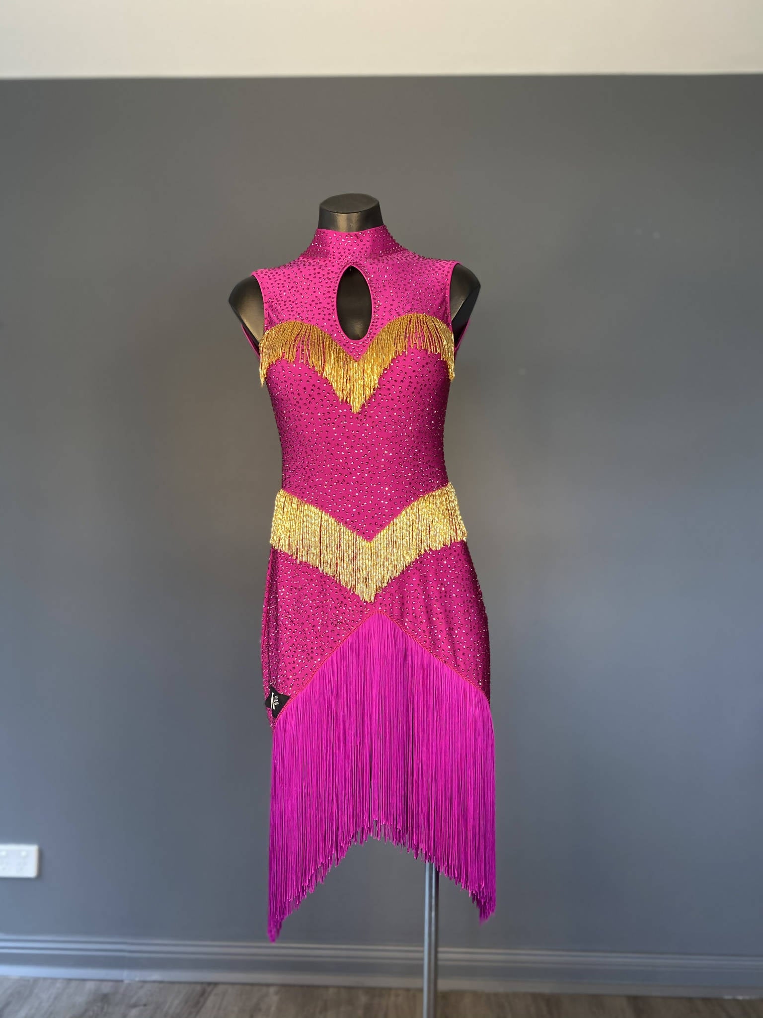 New Fully Stoned Fuchsia & Gold Latin DressDance Dressing