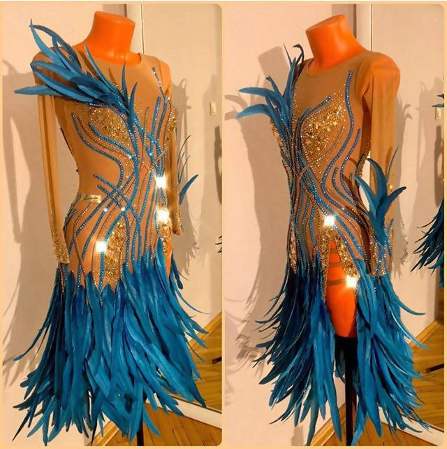 Beige & Blue Latin Dress with Feathers (latin dresses for sale, ballroom dress for sale, dancesport)