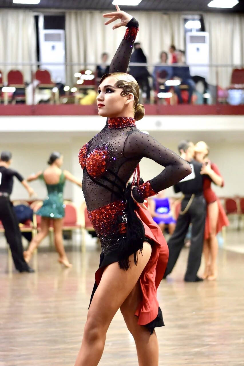 Ajour Design Black & Red Latin Dress (latin dresses for sale, ballroom, dancesport, rhythm)
