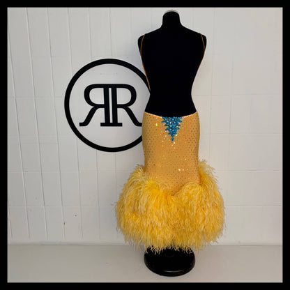 New Yellow & Turquoise Latin Dress with Feathers