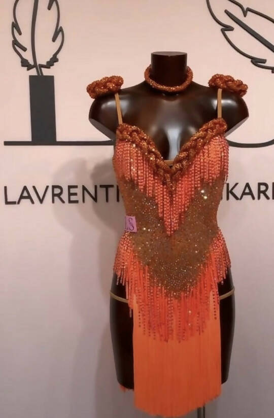 Orange Latin Dress With Swarovski Crystals (latin dress for sale, latin, dancesport, rhythm)