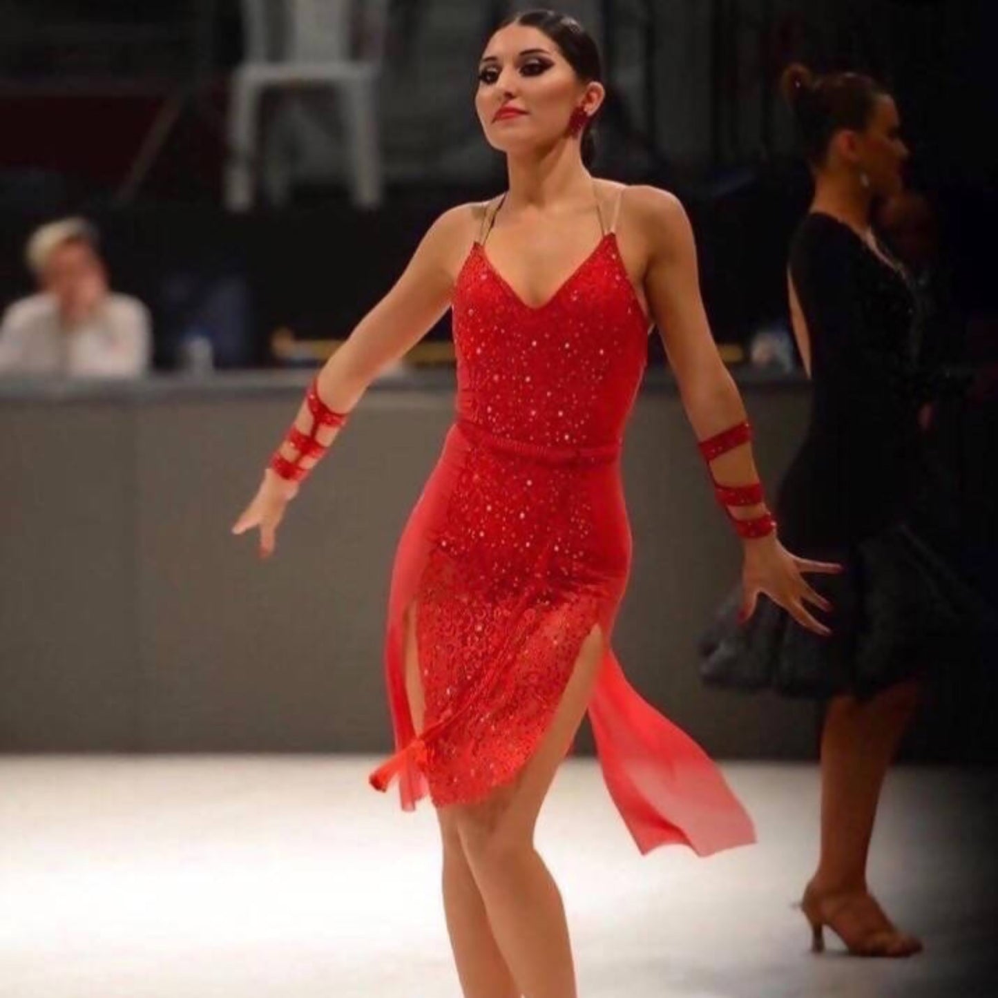 Red Latin Dress with Stones (ballroom dresses for sale, latin, dancesport, rhythm) - DDressing