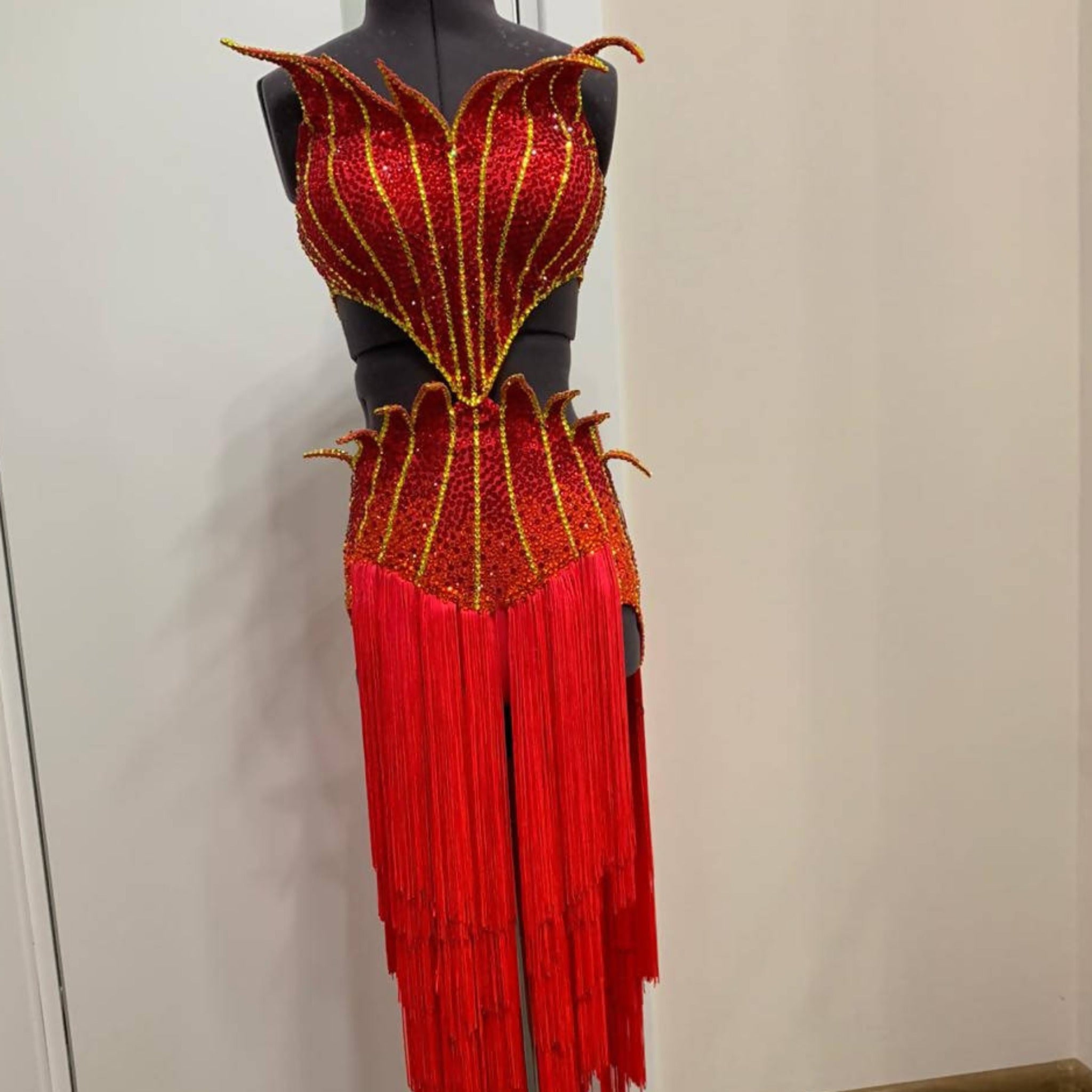 Red Latin Dress with Stones & Fringe (ballroom dresses for sale, latin, dancesport, rhythm) - DDressing